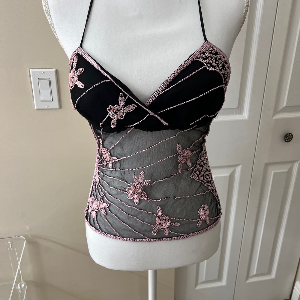 Beaded Halter Black and Pink Floral Mesh Top